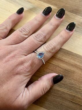 Blue Pear Cut Halo Ring Size 9 | Silver Tone Pave Band Statement Ring